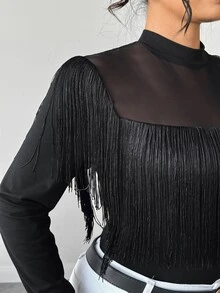 SHEIN Elenzya Plus Size Women's Elegant Commuter Slim Fit Casual T-Shirt With Tassel Mesh Patchwork Design Long Sleeve Fall - Black - View 5