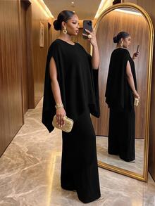 SHEIN Lady Plus Size Elegant Party Cape Sleeve Top And Pants 2 Pieces Set - Black - View 2