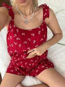 CottageSlumber Romantic Burgundy Bow Print Ruffle Trim Camisole & Shorts Pajama Set - Burgundy - View 7