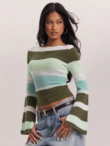 SHEIN BAE Sweater Pullover Wanita Bergaris Warna Kontras - MultiWarna - View 5