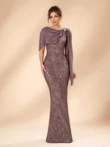Serin Elegant Sequin Luxurious Diamond Embroidered Lace Patchwork Chiffon Flounce Fitted Mermaid Evening Gown For Wedding Formal Wedding Guest Mauve Fall - Bronze - View 5