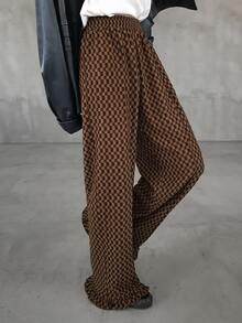 FRIFUL Women's Checkerboard Pocket Wide Leg Loose Casual Vintage Long Pants School Brown Checkered Autumn - Rust Brown - View 6