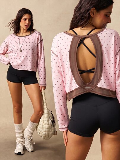 VARSIVA Women's Polka Dot Print Back Cutout Casual Fitness Sports T-Shirt