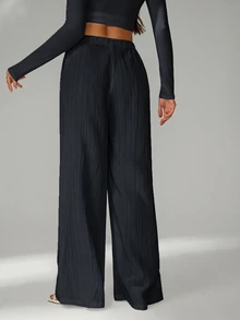 SHEIN Tall Loose Drawstring Waist Trousers In Textured Crinkle Fabric - Dark Grey - View 2