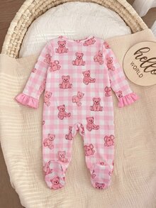 SHEIN Newborn Baby Girl Cute Knitted Pink Plaid Bear Romper With Headband - Pink - View 2