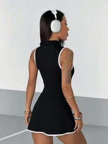 Dewbera Dewbera Women's Sleeveless Solid Color Collared Fashion Minimalist Slimming Sports Dress - Black - View 2