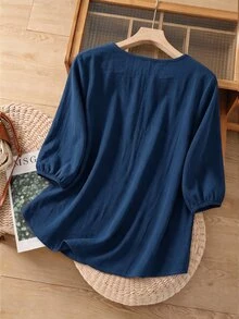 EMERY ROSE Plus Size Women's Floral Print Notch V-Neck 3/4 Sleeve Casual Blouse - Navy Blue - View 2