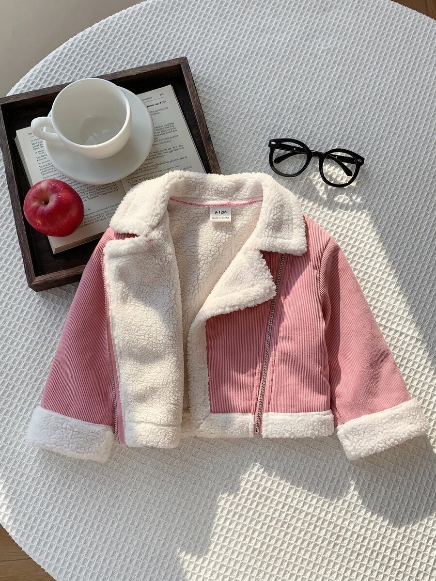 SHEIN جاكيت فرو صناعي مبطن حراري بتصميم ألوان متباينة لطيف ومتعدد الاستخدامات للبنات الصغيرات في فصل الخريف/الشتاء - وردي - مشاهدة 1
