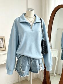 SHEIN Sparklyn 青少年女孩秋冬休閒百搭純色運動衫 - 藍色 - 查看 4