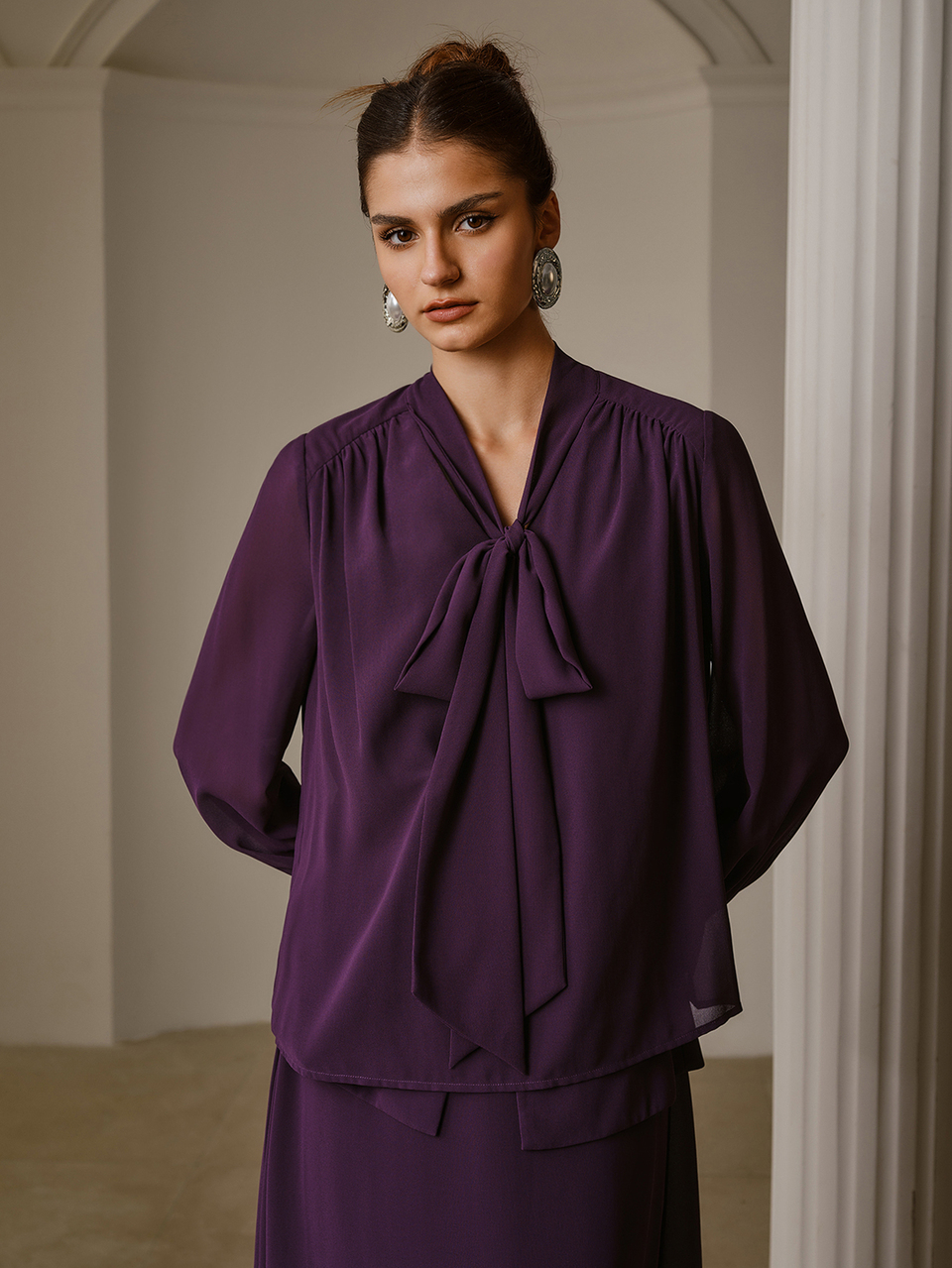 ZEYLAH Women's Solid Color Long Sleeve Top And Skirt Set
