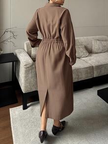 Dazy Plus Elegant High Waist Fashion Casual French Vintage Niche Design Single-Breasted Lapel Dress - Brown - View 2