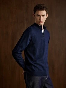 Manfinity CityGents Men's Solid Color Casual Versatile Daily Wear Long Sleeve Sweater - Navy Blue - View 3