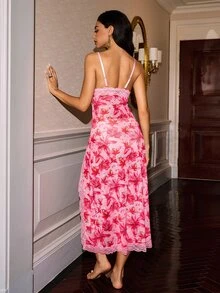 Slumberist Sexy Slit Lace Patchwork Fitted Dress, Floral Print Mesh Camisole Nightgown - Pink - View 2
