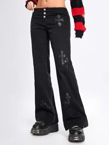 ROMWE Grunge Punk Indie Sleaze Hedi Youth Punk Cross PU Patch Embroidery Skinny Straight Leg Jeans For Women - Black - View 9