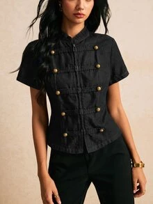 Poéselle Women's Fashion Double-Breasted Short Sleeve Denim Top - Black - View 4