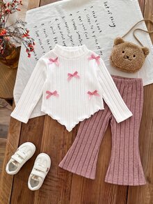 SHEIN Baby Girl Bow Decor Asymmetric Hem T-Shirt And Flare Pants Casual Set - Pink - View 3