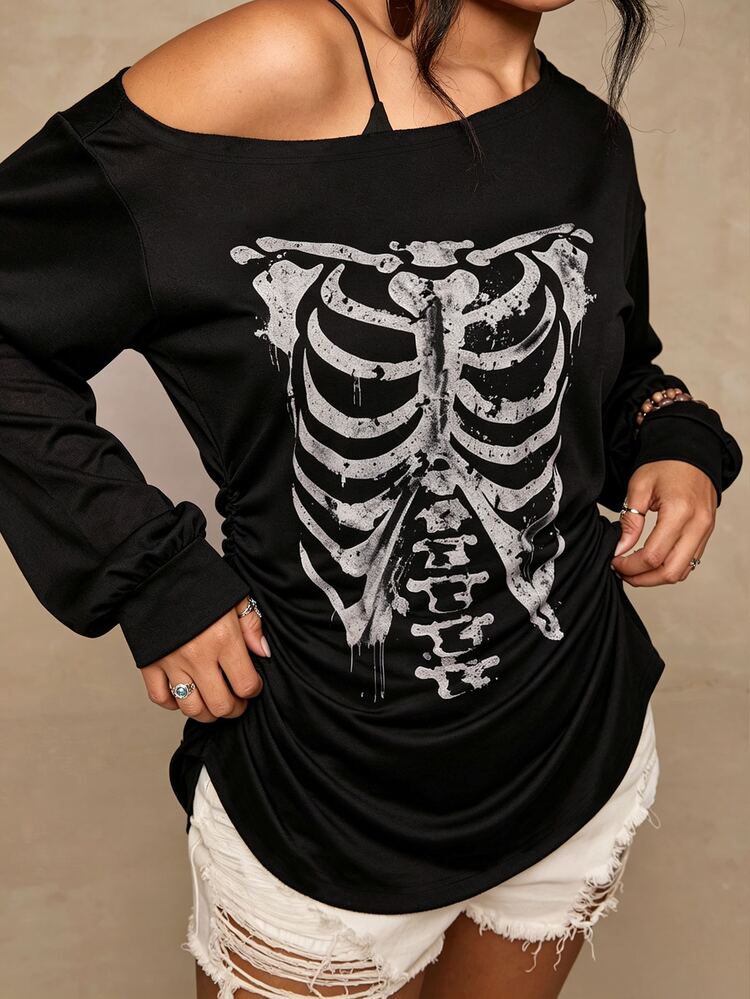 Travachic Plus Size Women's Fashion Skeleton Print Asymmetric Collar Side Drawstring T-Shirt - Multicolor - View 6