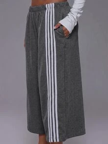 Musera Sport 4 Stripe Elasticated Waist Wide Leg Sweat Jogger Capri Pants Jorts Coord Bottoms - Dark Grey - View 4