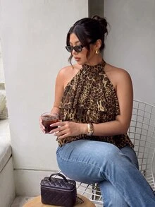 Firerie Plus Size Women's Leopard Print Multi-Layer Ruffle Halter Neck Fashion Blouse - Multicolor - View 6