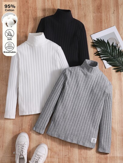 SHEIN Kaos Lengan Panjang Kerah Tinggi Campuran Katun Hitam, Putih, dan Abu-abu untuk Anak Laki-laki (Paket Aneka Warna). Lembut saat disentuh, cocok untuk jalan-jalan, sekolah, olahraga, dan berbagai acara lainnya.