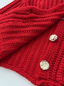 Sweetra Vintage French Style Round Neck Large Button Chunky Knit Cardigan - Red - View 3