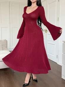 DAZY Women's Autumn/Winter Elegant Solid Color Bell Sleeve Knit Dress - Burgundy - View 3