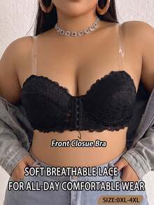 SHEIN 1pc Lace Front Closure Underwire Bandeau Bra Plus Size - Black - View 3
