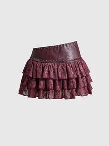 ROMWE Hippie Sporty Sexy Polka Dot Colorblock Patchwork Double Layer Pleated Low Waist Skirt For Women - Burgundy - View 2