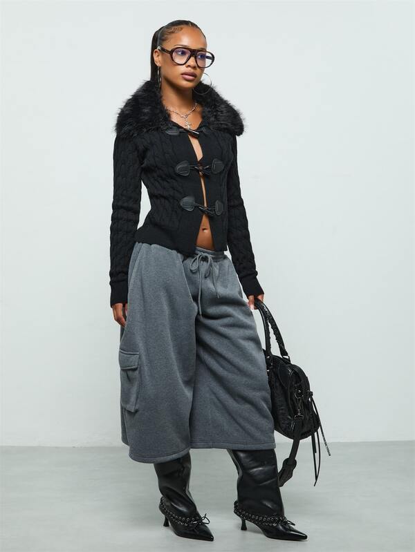 COUREZ Cropped Cargo Joggers /Y2K Pants For Women Fall Bottoms Concert Outfit Women Fall Winter Outfits Streetwear Fall Clothes Grey Pants