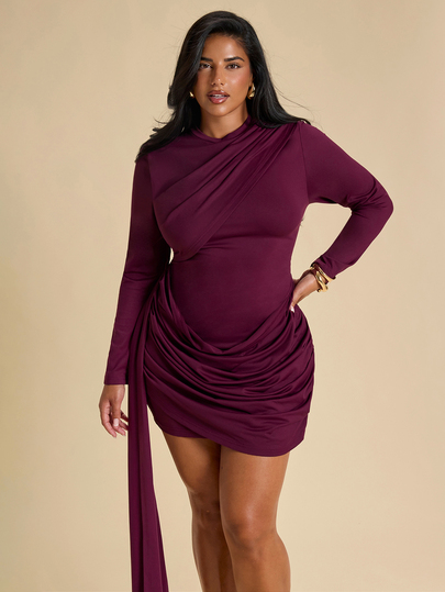 SHEIN BAE CURVE Plus Size Women's Solid Color Pleated Casual Everyday Summer Dress,Chic Women's Plum Ruched Bodycon Mini Dress With Long Sleeves Perfect For Evening