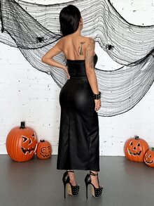 Jeanoix Gaun Bodycon Model Tube Top Seksi Gaya Y2K untuk Gadis Hot dengan Belahan, Bahan Imitasi PU, dan Bahan PU. - Hitam - View 2