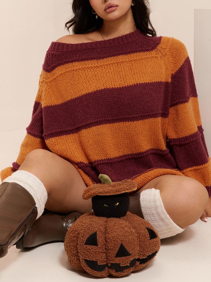 CovetEZ Autumn/Winter Halloween Brown & Orange Colorblock Striped Casual Plus Size Pullover Sweater - Multicolor - View 1