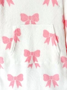 SHEIN 少女秋冬款寬鬆保暖內裡加厚雙面絨毛可愛甜美蝴蝶結印花連帽袋鼠口袋長袖睡袍家居服睡裙，奶油白粉色 - 淺粉色 - 查看 5