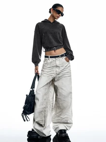 LYSMO Sweatshirt Crop Berkerudung Kasual Wanita dengan Sabuk dan Bahan Washed - Grey - View 3