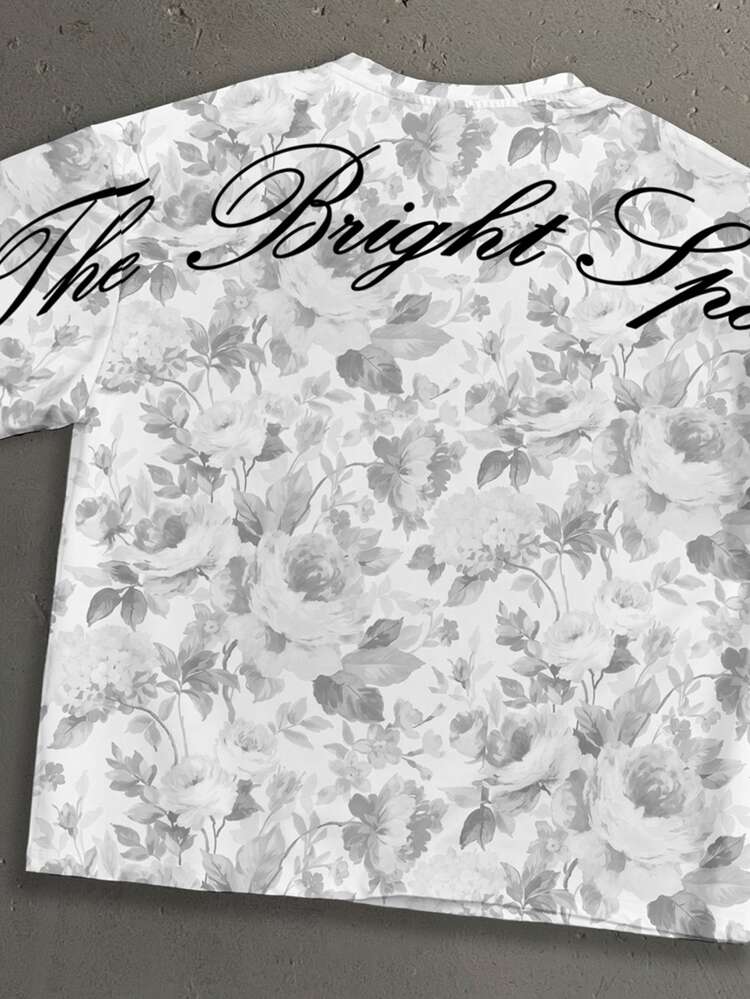 StoneGrade American Retro Gray Floral Dark Pattern Curved English Typography Fashion Print Men's White Standard Size Drop Shoulder Loose Fit Short Sleeve T-Shirt - White - View 3