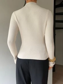 Siren Gaze Women's Chinese Style Fitted Long Sleeve Sweater With Frog Button Design - White - View 2