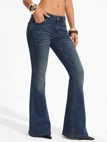 SHEIN Tall 女款休閒日常穿著鈕扣口袋喇叭牛仔褲 - 深色水洗藍 - 查看 5