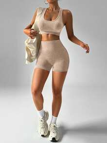SHEIN Velisys Seamless Knit Tank Top & Shorts / Tank Top & Pants Matching Women's Sports Set - Khaki - View 4