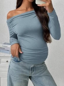 SHEIN 孕婦純色抓皺不對稱領長袖修身T恤 - 霧霾藍 - 查看 4