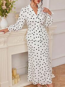 Modelyn Plus Size Elegant Commuter Polka Dot Print Shirt & Skirt Set - Apricot - View 6