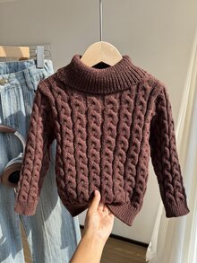 SHEIN Genkimix Kids 1件女童毛衣，時尚百搭高領復古經典麻花編織落肩長袖棕色極簡英倫風套頭衫，適中厚度，整齊下擺，貼身袖口，柔軟親膚質感，細緻品質，單穿好看，適合日常穿著、學校、戶外活動、聚會等場合，秋冬穿搭 - 棕色 - 查看 4