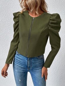 SHEIN Holidaya 秋季時尚花瓣袖短版夾克 - 軍綠色 - 查看 3