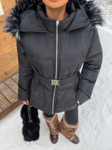 Muchica Winter Fashion Versatile Black Hooded Jacket With Belt Club Everyday Streetwear Casual - Black - View 6