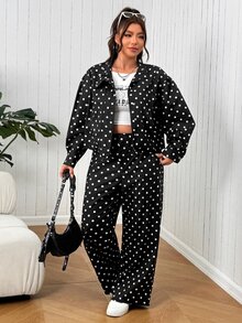 SHEIN EZwear Setelan 2 Potong Jaket & Celana Motif Polkadot Kasual Musim Gugur Ukuran Besar untuk Kostum Halloween Musim Gugur - Hitam - View 4