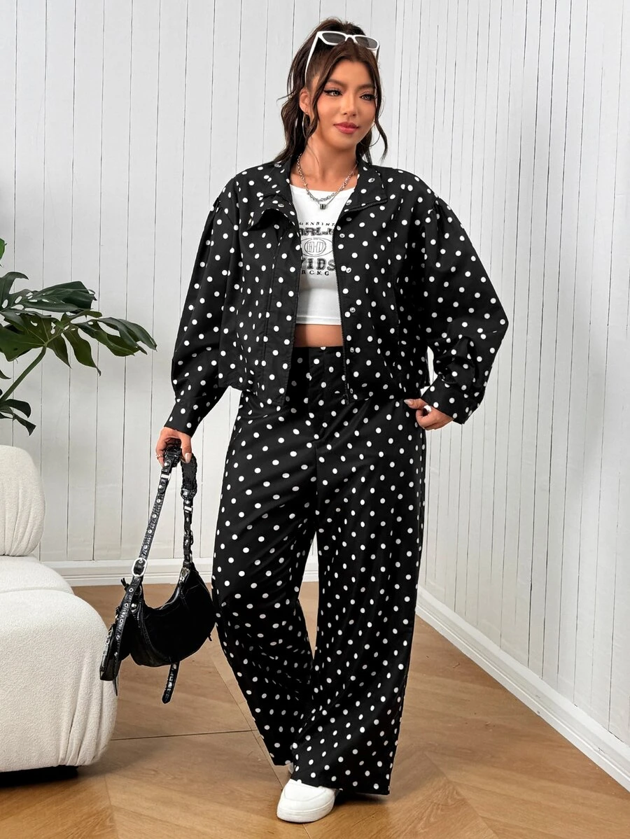 SHEIN EZwear مجموعة ملابس خريفية كاجوال مقاس كبير بطبعة نقاط جاكيت وبنطلون من قطعتين زي هالوين - الأسود - مشاهدة 1