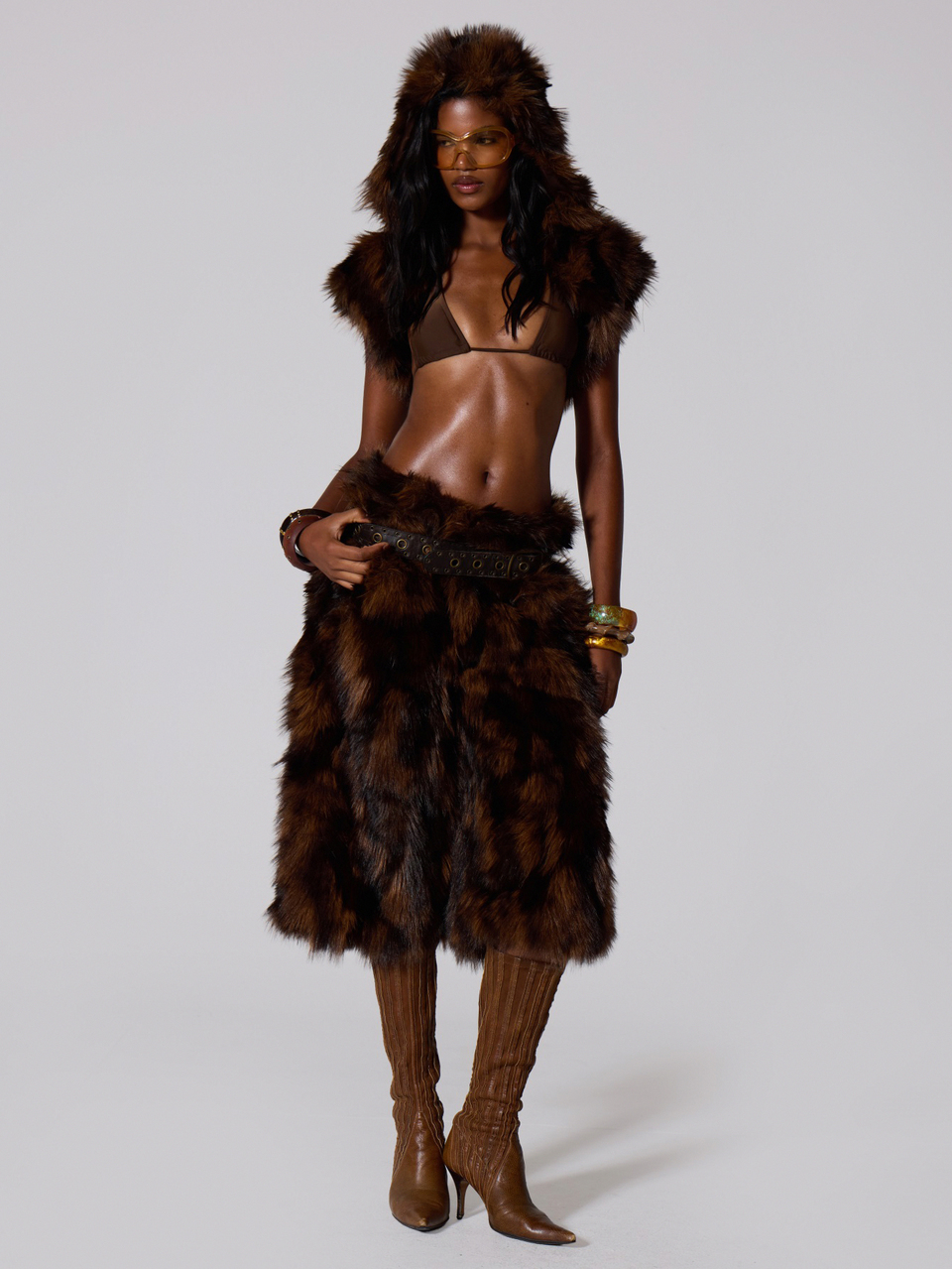 Brown Fur Micro Crop Bolero Top
