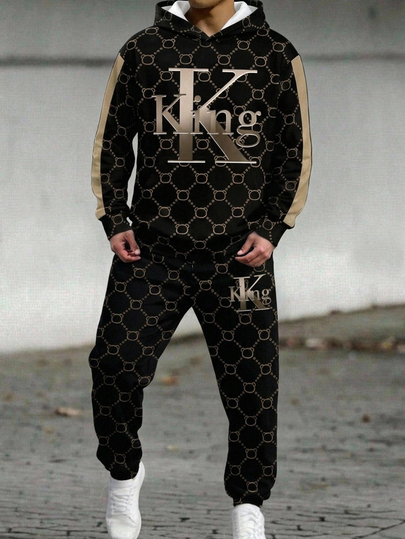 SHEIN Bộ 2 món áo hoodie nỉ và quần nỉ thể thao casual cho bé trai tuổi teen, in họa tiết chữ "King" phong cách cổ điển retro, mùa tựu trường và thu/đông