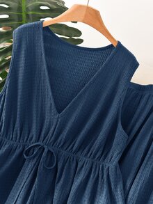 CosyJoli Setelan 2 Potong Kemeja Tanpa Lengan Bergaris Model A-Line dan Celana Panjang Kasual Potongan Lurus Ukuran Plus untuk Liburan - Dusty Blue - View 5