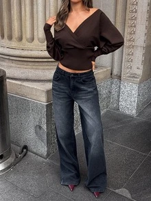 Aloruh Dark Brown Autumn Winter Minimalist Sexy Inner Outer Wear Young Spicy Girl Deep V-Neck Batwing Sleeve Cropped Sweater Loose Top Brunch Going Out - Brown - View 5