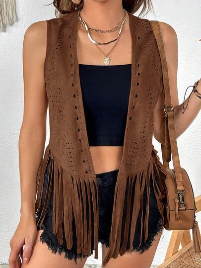 Freevana Boho Vacation Western Suede Fringe Vest Jacket